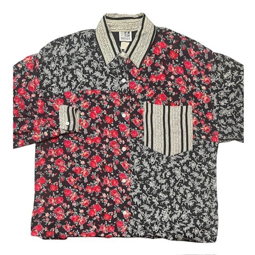 Vintage Paul et Diffier Women Sz M Maximalist Mixed-Print Patwork Button Up-2198
